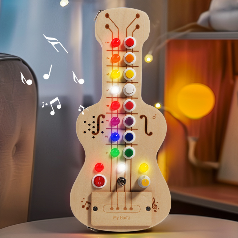 Montessori Wooden Busy Board Toddler - Wooden LED Light Up Guitar Busy